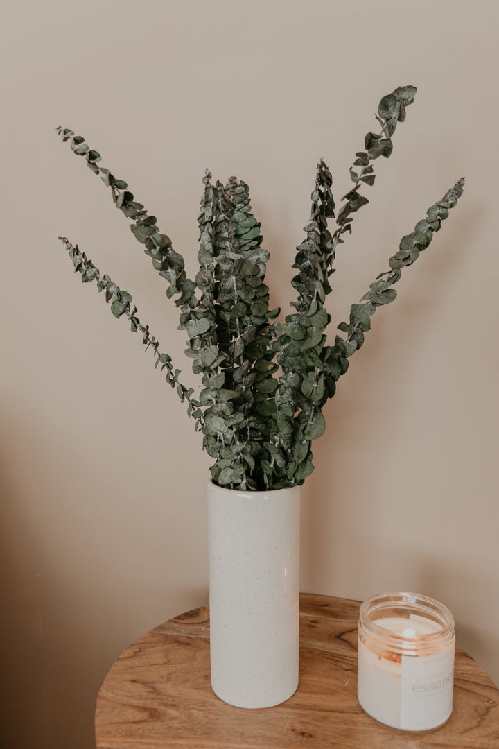 Green preserved eucalyptus in ceramic vase for By Two Fields