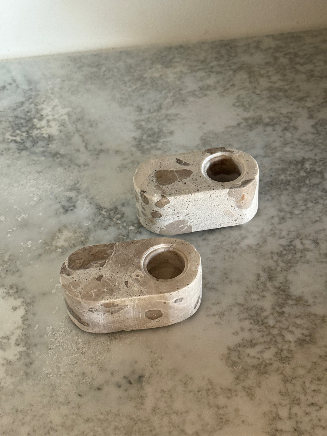Set of Two - Travertine Stone Candle Holders
