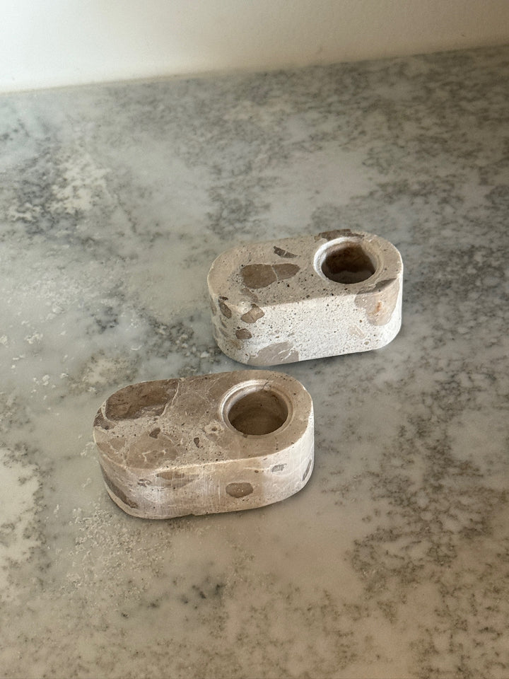 Set of Two - Travertine Stone Candle Holders