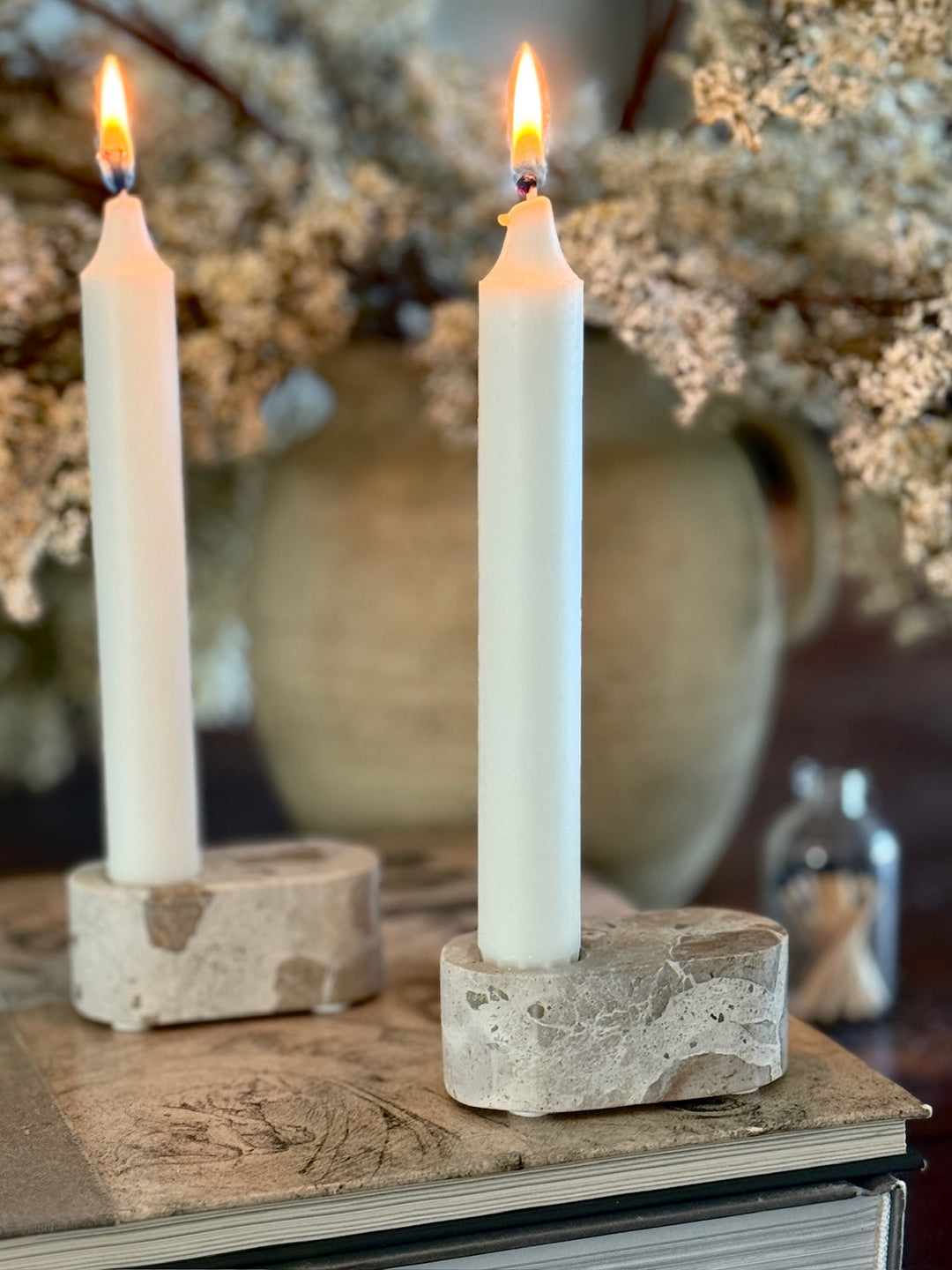 Set of Two - Travertine Stone Candle Holders