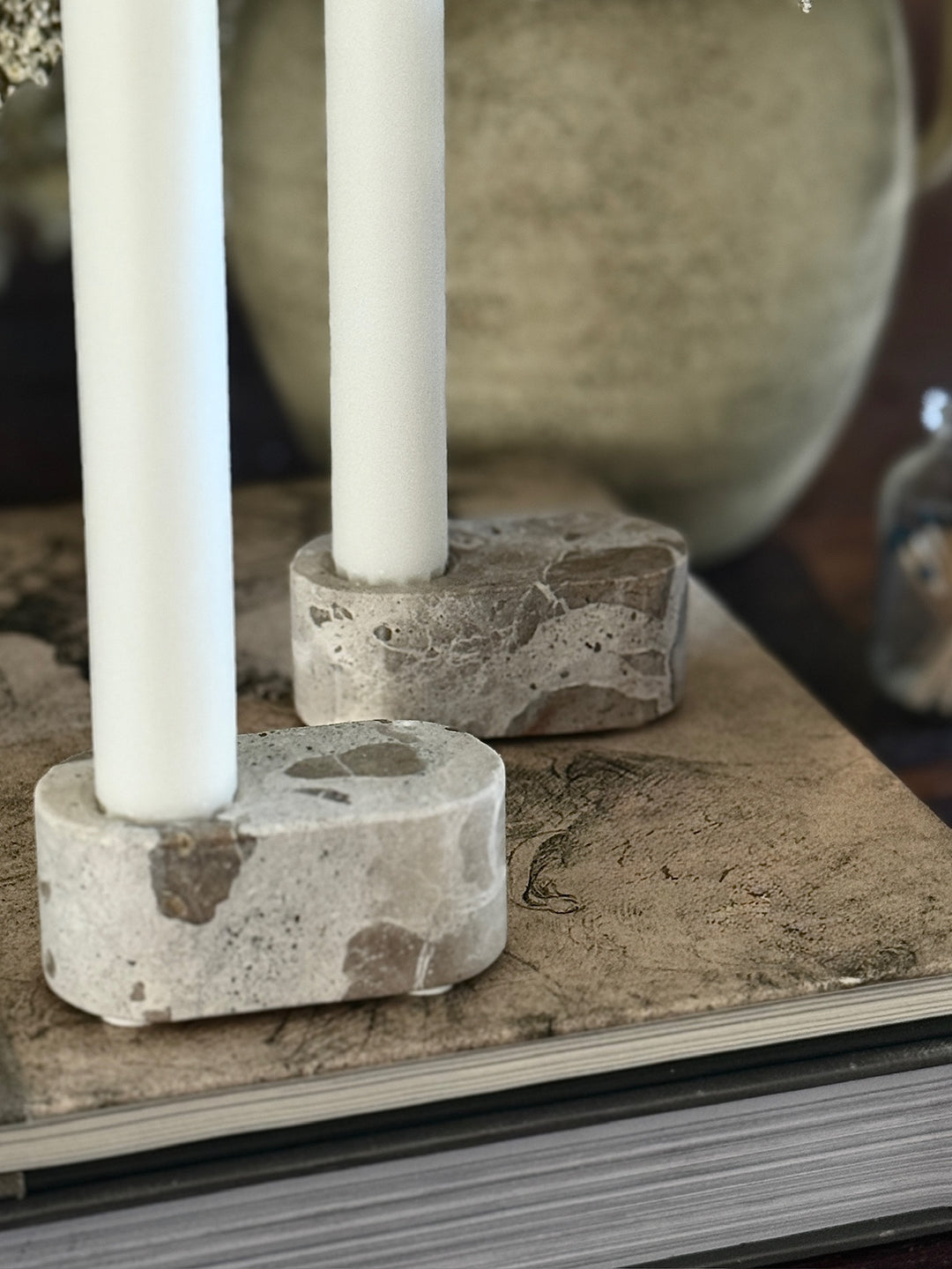 Set of Two - Travertine Stone Candle Holders